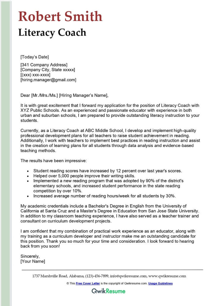 literacy coach cover letter examples qwikresume
